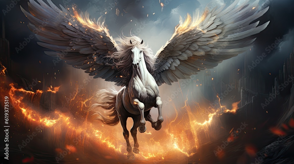 The mythic horse pegasus with white wings flying in the sky among ...