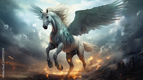 The mythic horse pegasus with white wings flying in the sky among lightnings