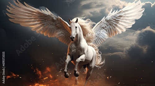 Tela The mythic horse pegasus with white wings flying in the sky among lightnings