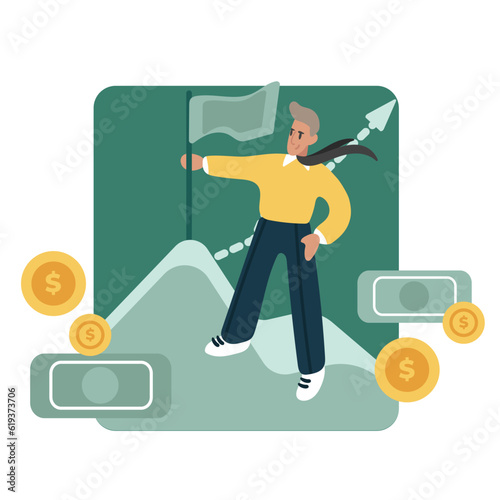 Young male succeeds at work. Time for rejoicing in success at work. Career goal achievement. Getting promotion and financial freedom. Vector flat illustration in green and yellow colors