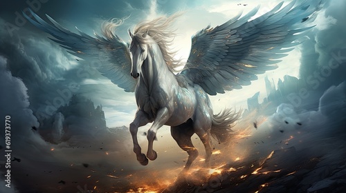 The mythic horse pegasus with white wings flying in the sky among lightnings © twilight mist