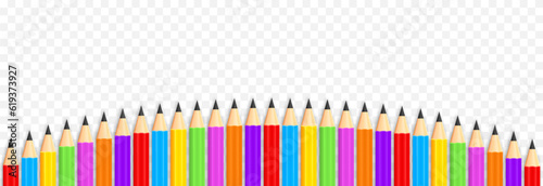 Vector school pencils. School pencils png. A set of multi-colored pencils lying in a row. School supplies png.