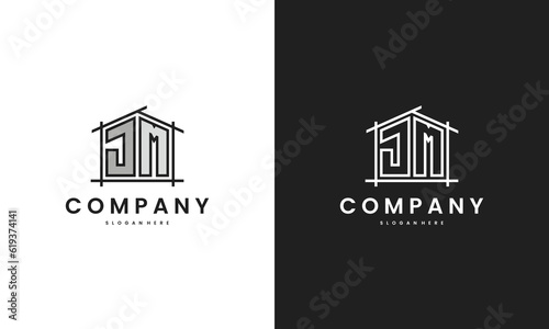 Initial JM home logo with creative house element in line art style vector design template