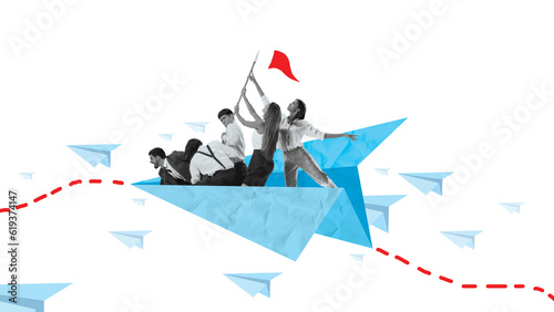 Motivated and ambitious employees in paper plane flying to professional success. Goals, teamwork. Conceptual collage. Concept of business, office lifestyle, employment, professional occupation, ad photo