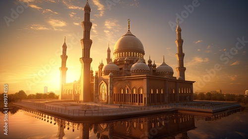 Mosque at dawn 3d illustration - Generative AI.