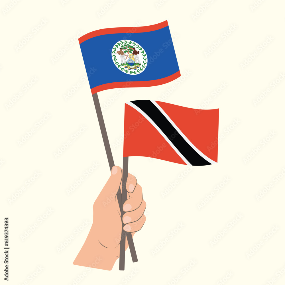 Flags of Belize and Trinidad and Tobago, Hand Holding flags Flags of Belize and Trinidad and Tobago, Hand Holding flags
