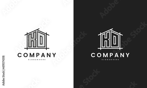Initial KO home logo with creative house element in line art style vector design template