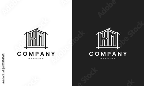 Initial KM home logo with creative house element in line art style vector design template photo