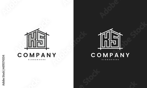 Initial KS home logo with creative house element in line art style vector design template