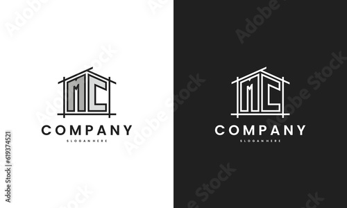 Initial MC home logo with creative house element in line art style vector design template