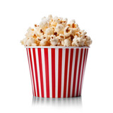 Popcorn in red with white stripes bucket, isolated on transparent