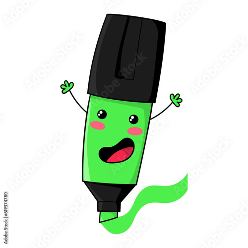 Illustration of a kawaii style highlighter pen, smiling with arms raised and drawing a path, design for t-shirt, clipart