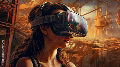 girl wearing virtual reality goggles. Virtual Sensations, Exploring the Boundaries of Reality.