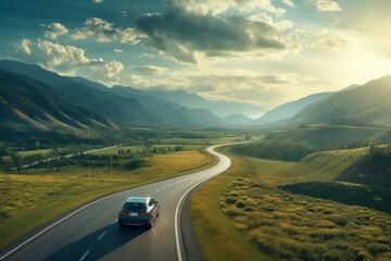the car drives through the forest on the background of the mountains top view. travel concept. generative ai.