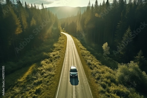 Obraz na płótnie the car drives through the forest on the background of the mountains top view. travel concept. generative ai. w salonie