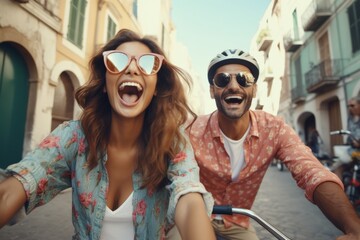 a girl and a man ride bicycles through the old city. fun. travel concept. generative ai.