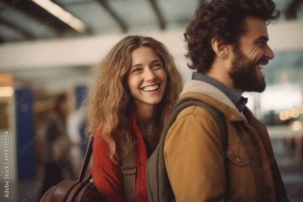 girl and man with suitcases at the airport. travel concept. generative ai.