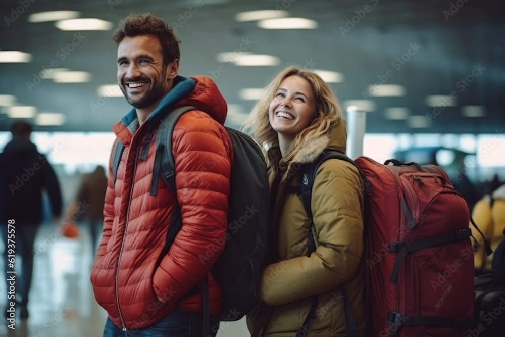 girl and man with suitcases at the airport. travel concept. generative ai.