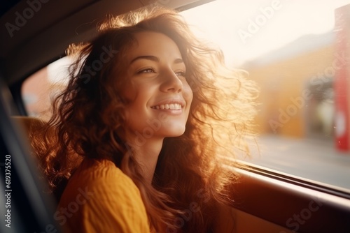 Obraz na płótnie beautiful girl car window at sunrise