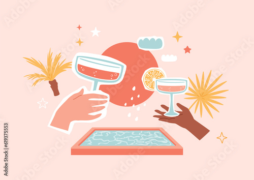 Summer party collage with hands holding drinks, clouds, stars, palm trees, swimming pool. Composite surreal image, cut out vector elements. Creative tropical illustration with sunset landscape