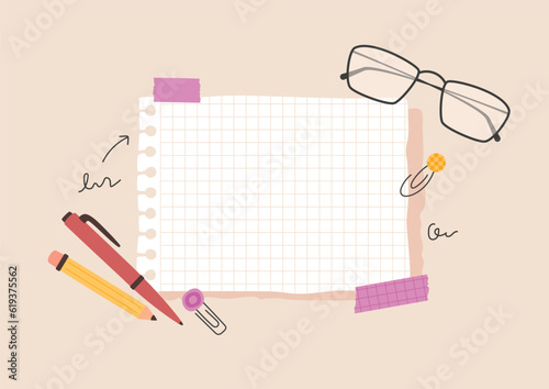 Collage flat lay with copybook page, pen, pencil, paper clips, eye glasses, scribbles by hand. Adhesive tapes fix blank note. Cut out vector elements. Composite image for school education, business