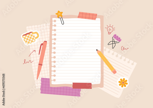 School collage flat lay with copybook page, pen, pencil, paper clips, cup of coffee and flower stickers. Adhesive tapes fix blank note. Cut out vector elements. Composite image for education, business