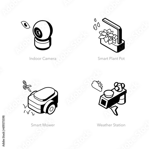 Simple set of smart home icons. Contains such symbols as Indoor camera, Smart plant pot, Smart mower, Weather station.
