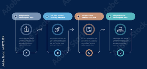 Horizontal process infographic template with four options - dark version. Flat presentation diagram with thin lines and minimalistic icons.