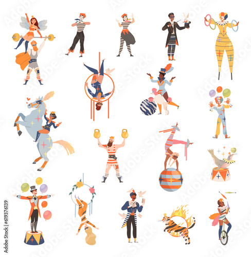Circus Artist Character with Clown, Strongman and Acrobat Balancing Performing on Stage or Arena Big Vector Set