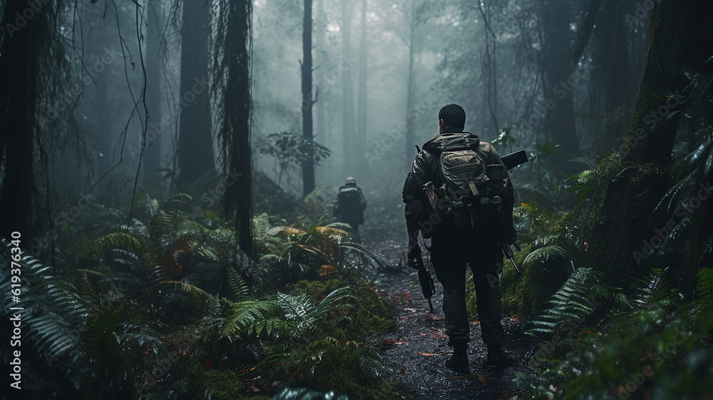 Generative AI a military scout sneaks through the forest in a military uniform