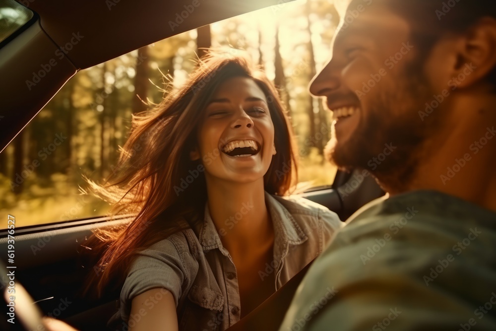 a man and a woman go on a trip in a car. having fun. smiling. travel concept. generative ai.