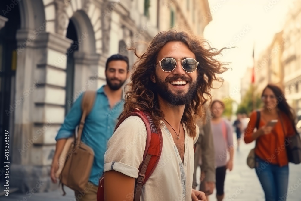 a handsome man in glasses with long hair smiles and travels through the cities. happy travel concept. generative ai.