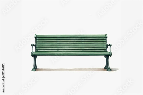 Banc public vert en bois et métal,  dessin sur fond blanc façon aquarelle, illustration ia générative 