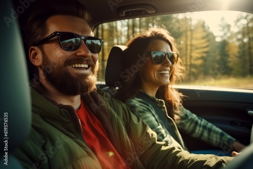 a man and a woman go on a trip in a car. having fun. smiling. travel concept. generative ai. © robertuzhbt89
