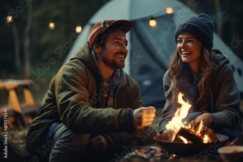 a man and a woman are sitting near a campfire and a tent in nature. having fun. smiling. travel concept. generative ai.