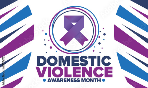 Domestic Violence Awareness Month in October. Celebrate annual in United States. Awareness purple ribbon. Day of Unity. Prevention campaign. Stop women abuse. Poster, banner and background. Vector