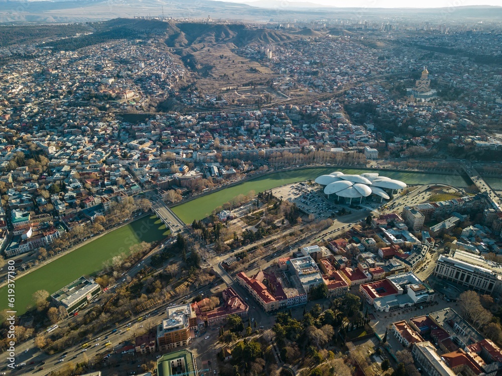 Drone shot of the House of Justice and other buildings in Tbilisi, Georgia
