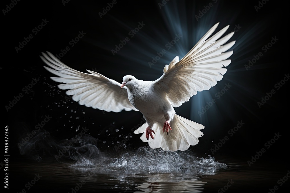 Fototapeta premium White dove swooping down, photo realistic, black background