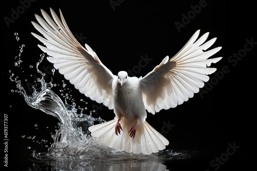 White dove swooping down, photo realistic, black background
