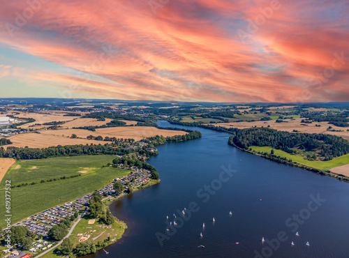Aerial view of the Pirk dam in Vogtland.