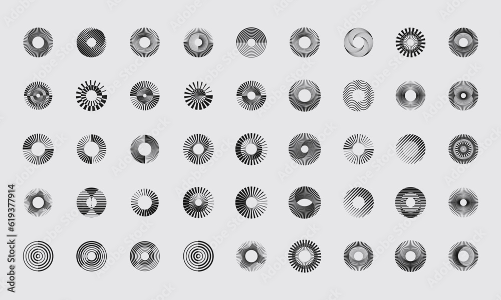 Set Of Cool Abstract Geometric Circle Patterns Vector Design. Trendy Round Modern Halftone Optical Illusion Round Shapes.