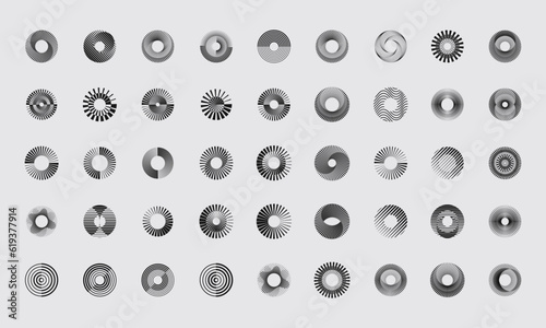 Set Of Cool Abstract Geometric Circle Patterns Vector Design. Trendy Round Modern Halftone Optical Illusion Round Shapes.