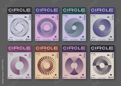 Set Of Cool Abstract Geometric Posters. Optical Illusion Circle Shape Element. Rave Acid Graphic Design. Swiss Design Retro Placard.