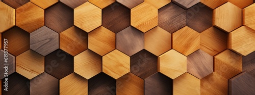 Abstract hexgonal geometric wooden background banner illustration - Brown hexagon 3d wood texture wall (Generative Ai) photo