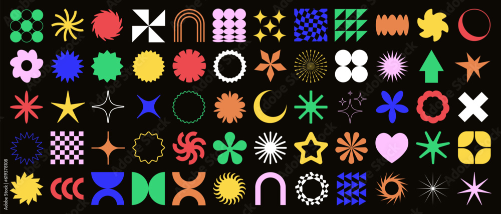 Brutalist Shapes, Cool Geometric Forms. Bauhaus Minimalist Graphic Design Elements. Trendy Y2K Vector Signs. Simple Star and Flower Basic Shapes.