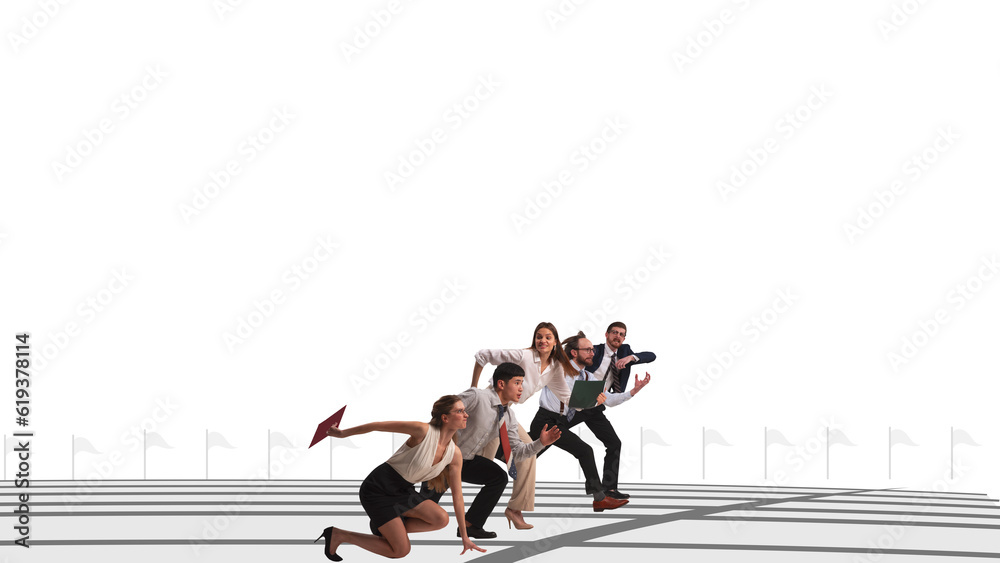 Creative conceptual collage. Professional challenges and competition. Employees standing on starting line, moving to success and promotion. Business, office lifestyle, employment, occupation concept