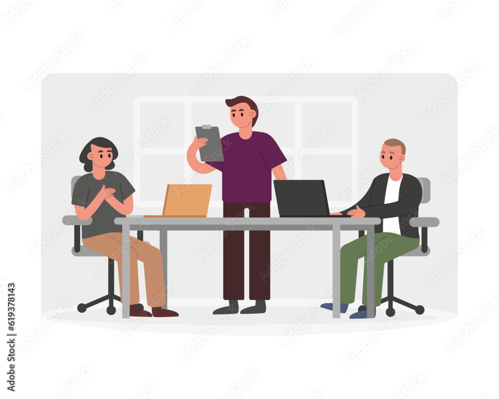 Manager checks work of employees. Increasing productivity and efficiency in business using teamwork ideas. Colleagues discussion new project. Vector flat illustration in gray colors Manager checks work of employees. Increasing productivity and efficiency in business using teamwork ideas. Colleagues discussion new project. Vector flat illustration in gray colors