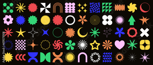 Brutalist Shapes, Cool Geometric Forms. Bauhaus Minimalist Graphic Design Elements. Trendy Y2K Vector Signs. Simple Star and Flower Basic Shapes.