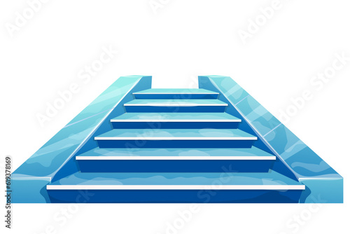 Ice, frozen elegant stairs castle winter interior, fairy medieval object in cartoon style isolated on white background. Ui game asset, indoor construction, stage