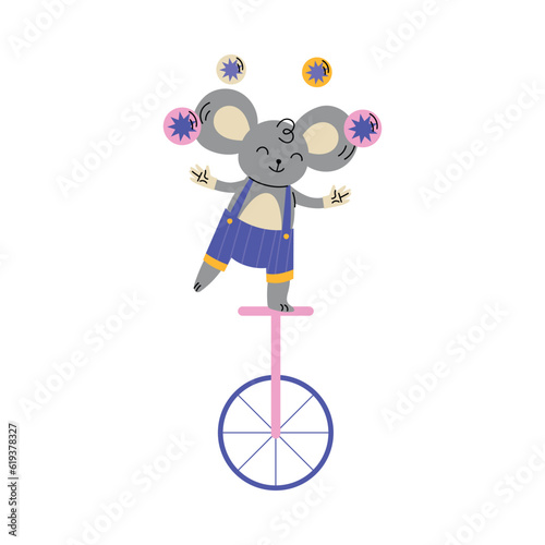 Circus Grey Mouse Animal Ride Unicycle and Juggling Balls Vector Illustration